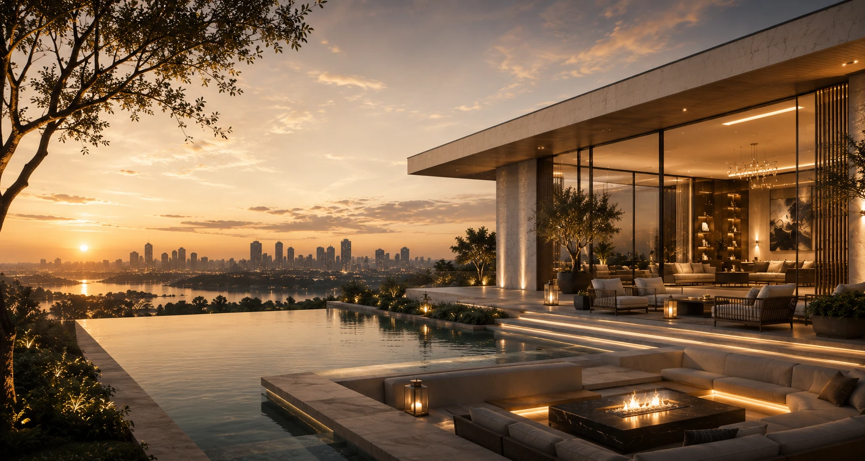 Luxury penthouse terrace with infinity pool, fire lounge and city skyline at sunset — Northstone Group